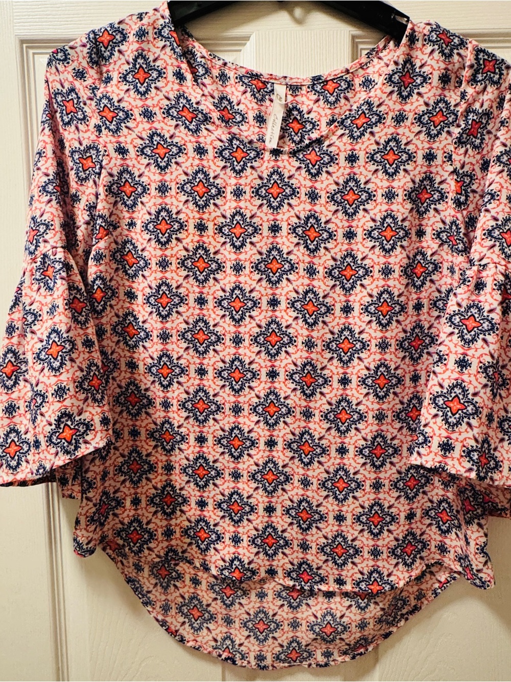 NY Collection Pink Printed Bell-Sleeve Blouse with Navy & Coral Accents